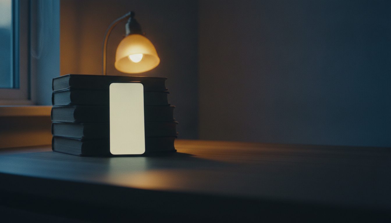 A phone propped against books in a home office at dusk