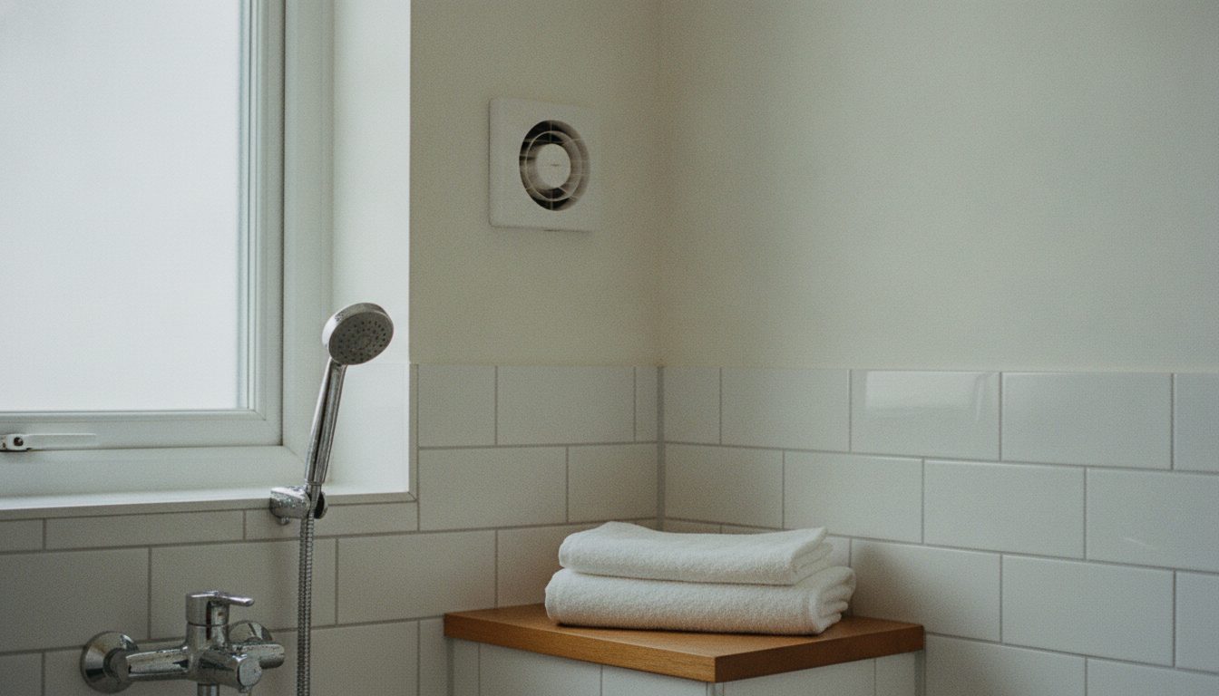 A clean rental bathroom with a folded towel