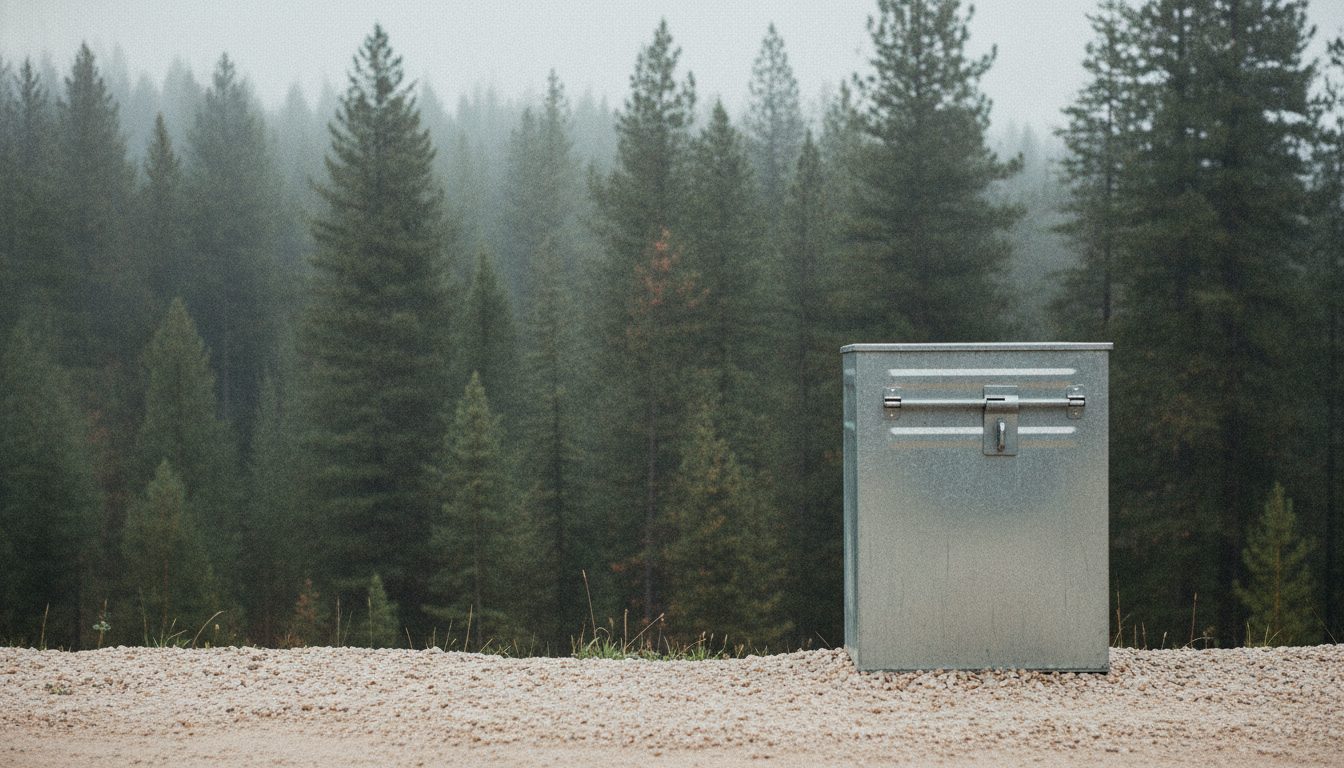 A bear resistant bin at the edge of a forest driveway