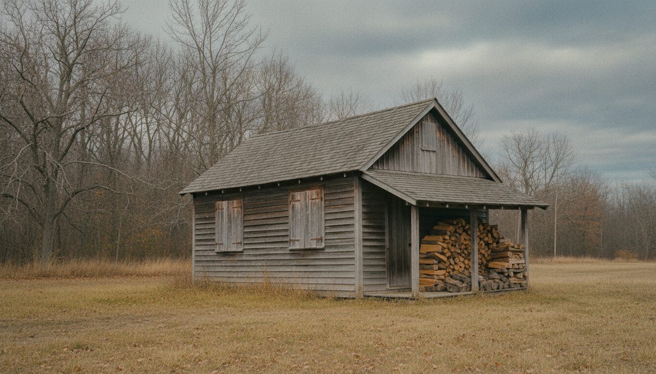 A shuttered cabin with firewood stacked under the eaves