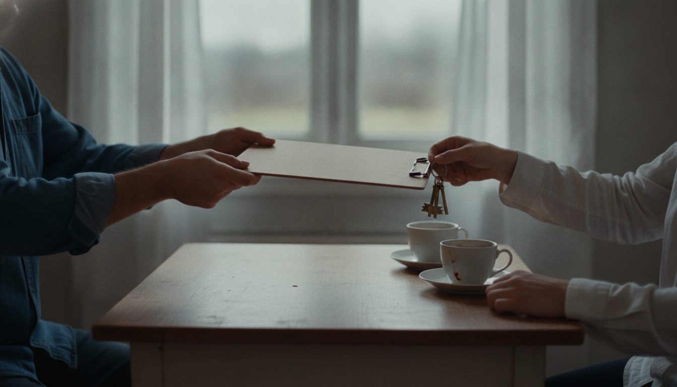 Keys and a clipboard handed across a kitchen table