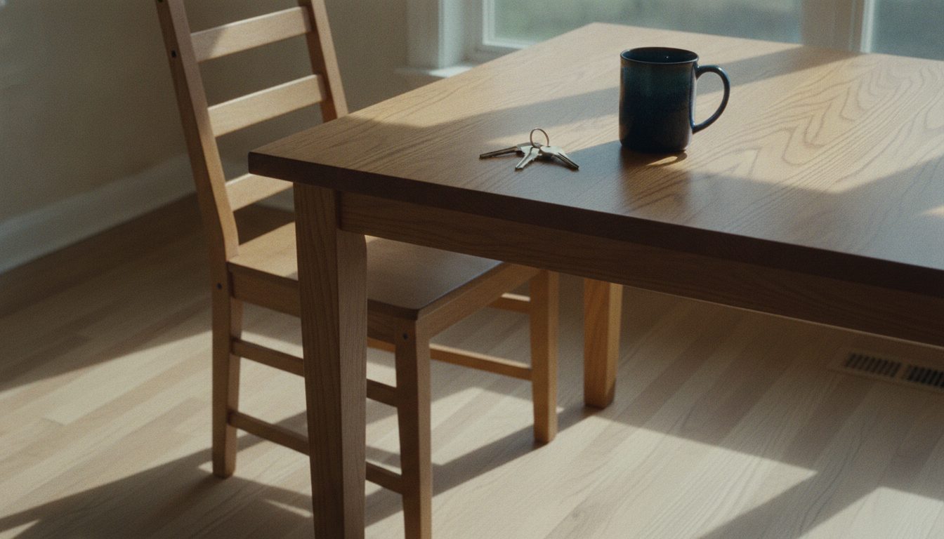House keys and a coffee cup on a dining table