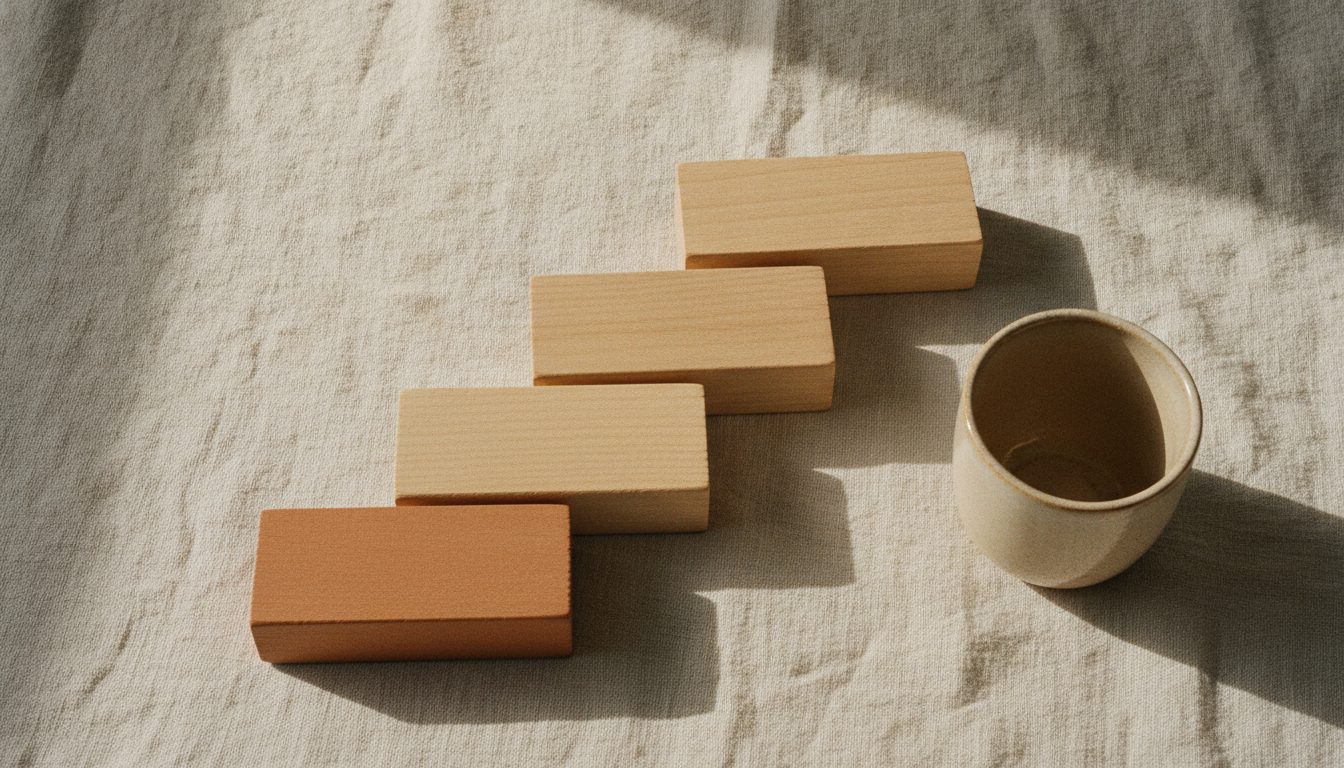 Wooden blocks stepping down in a row on a linen cloth