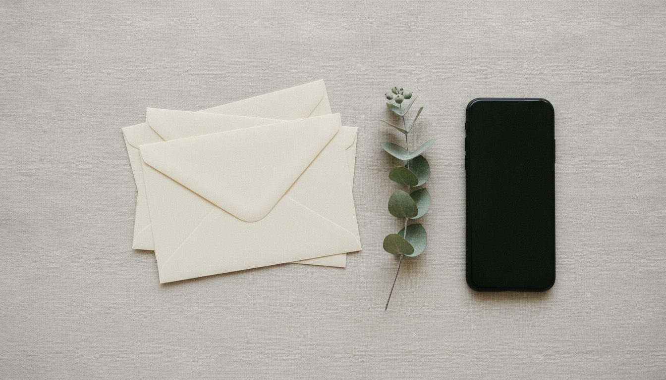 Blank envelopes and a phone on a linen surface