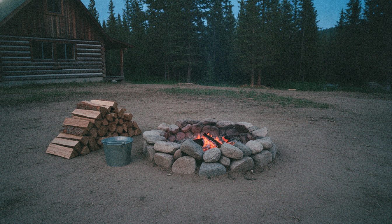 A stone fire pit settled to embers at dusk