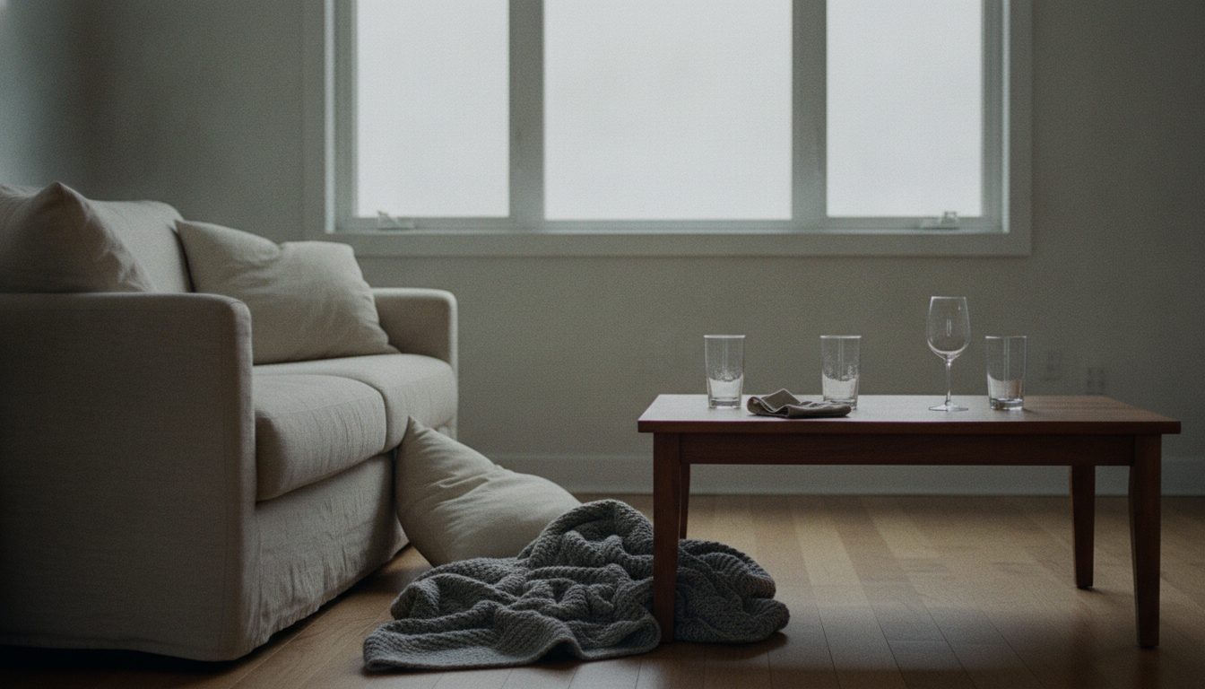 A rental living room left untidy after a busy night