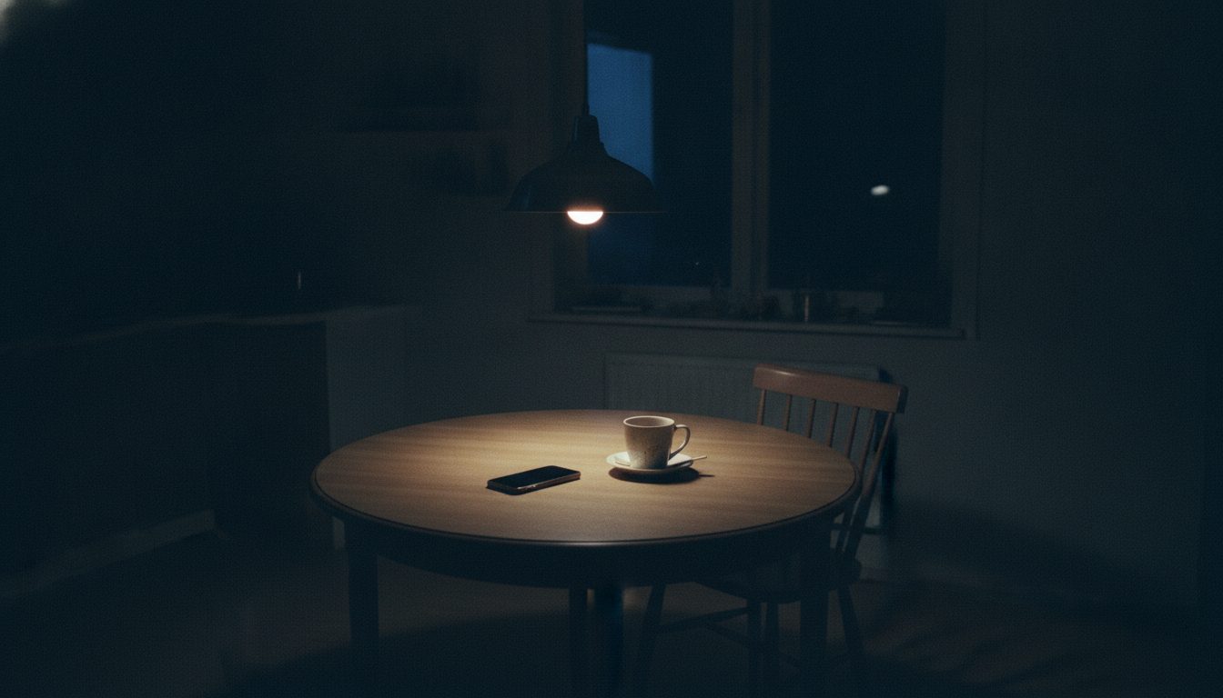 A kitchen table at night lit by a single lamp