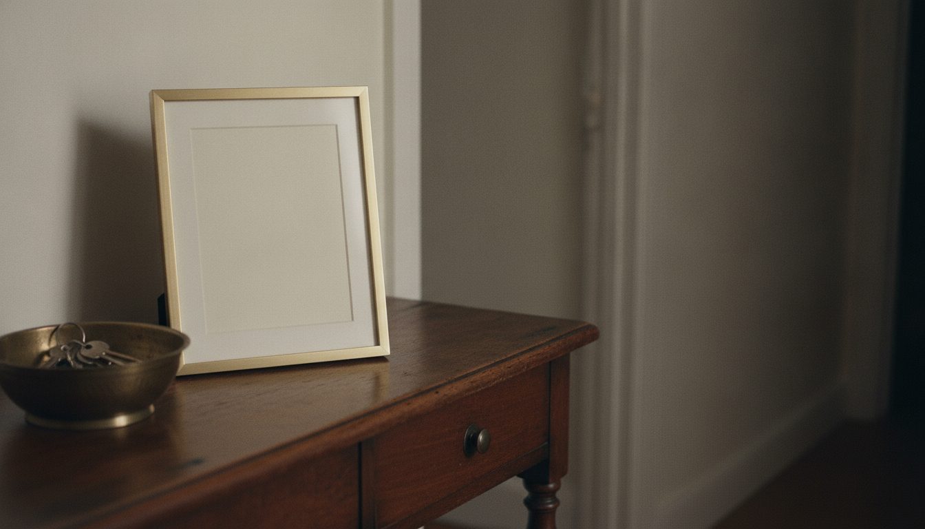 A framed card on a hallway console beside a bowl of keys