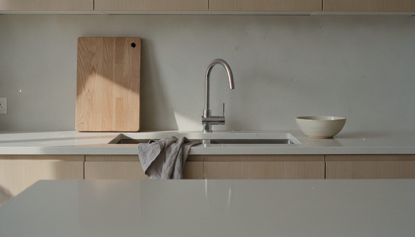 A rental kitchen counter cleared and reset