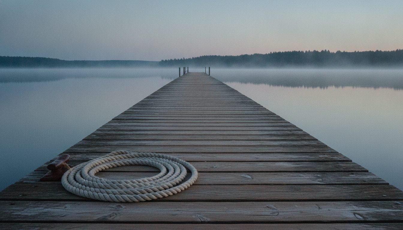 A wooden dock reaching into still lake water at dawn