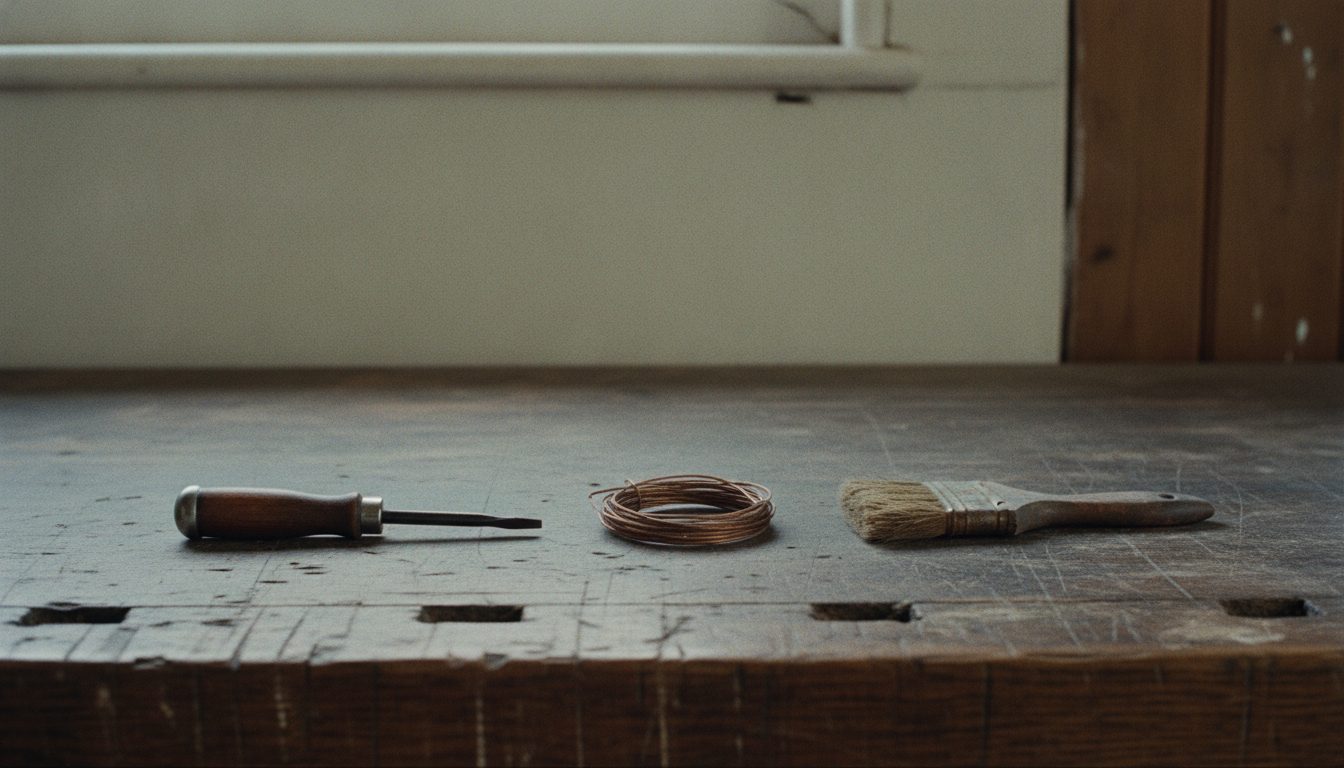 Household maintenance tools laid out on a workbench