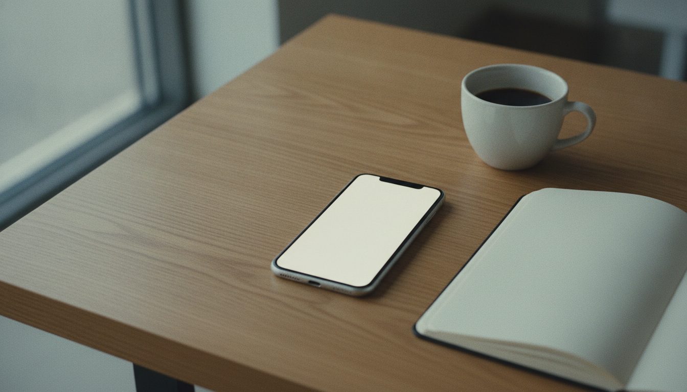 A phone face up on a desk beside a notebook and coffee