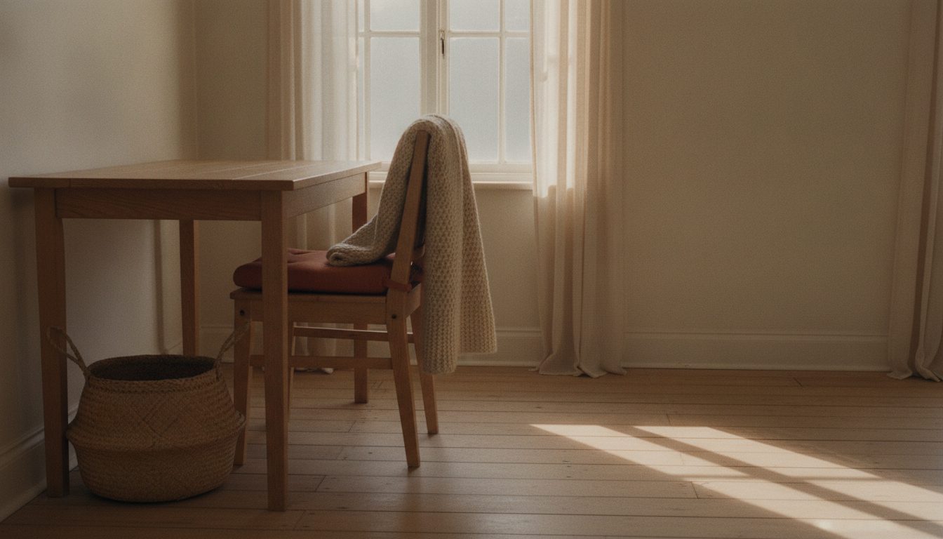 A desk under a window with a folded blanket over the chair