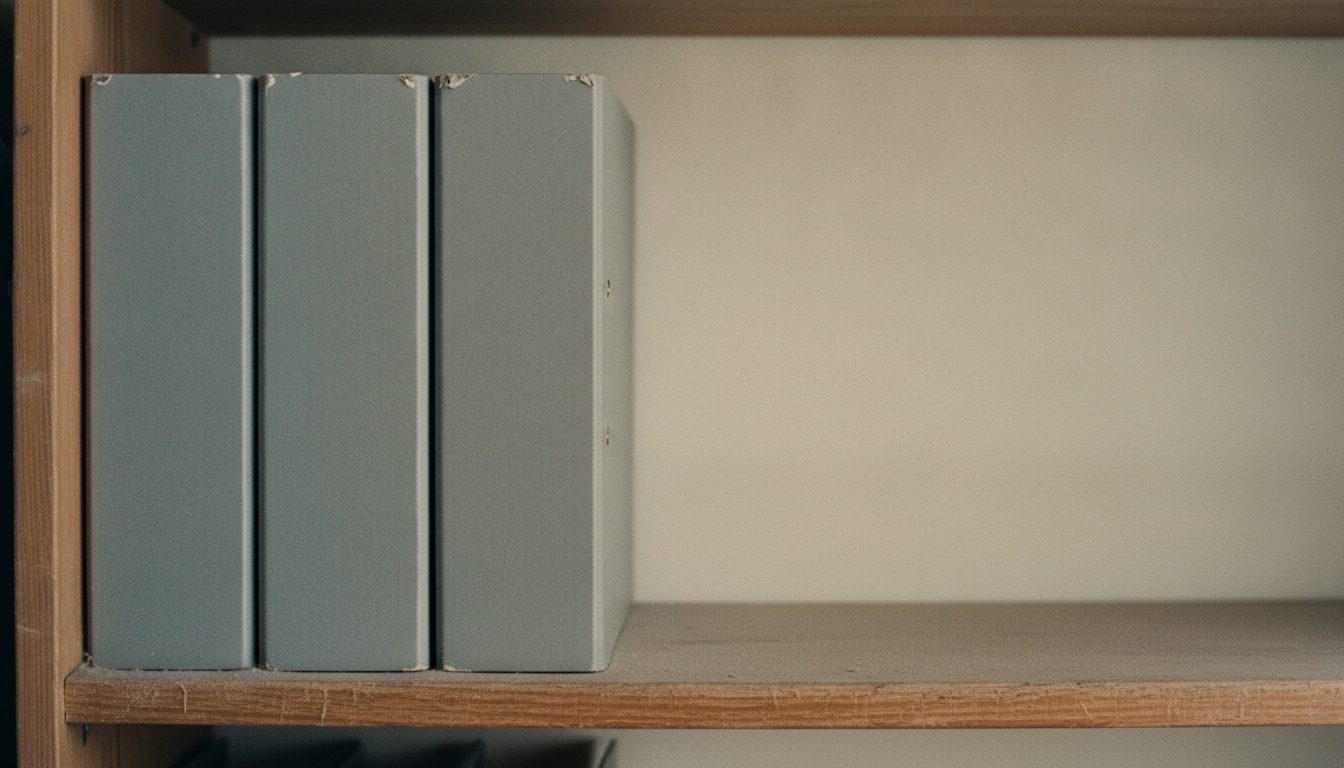 Three plain ring binders standing on a shelf
