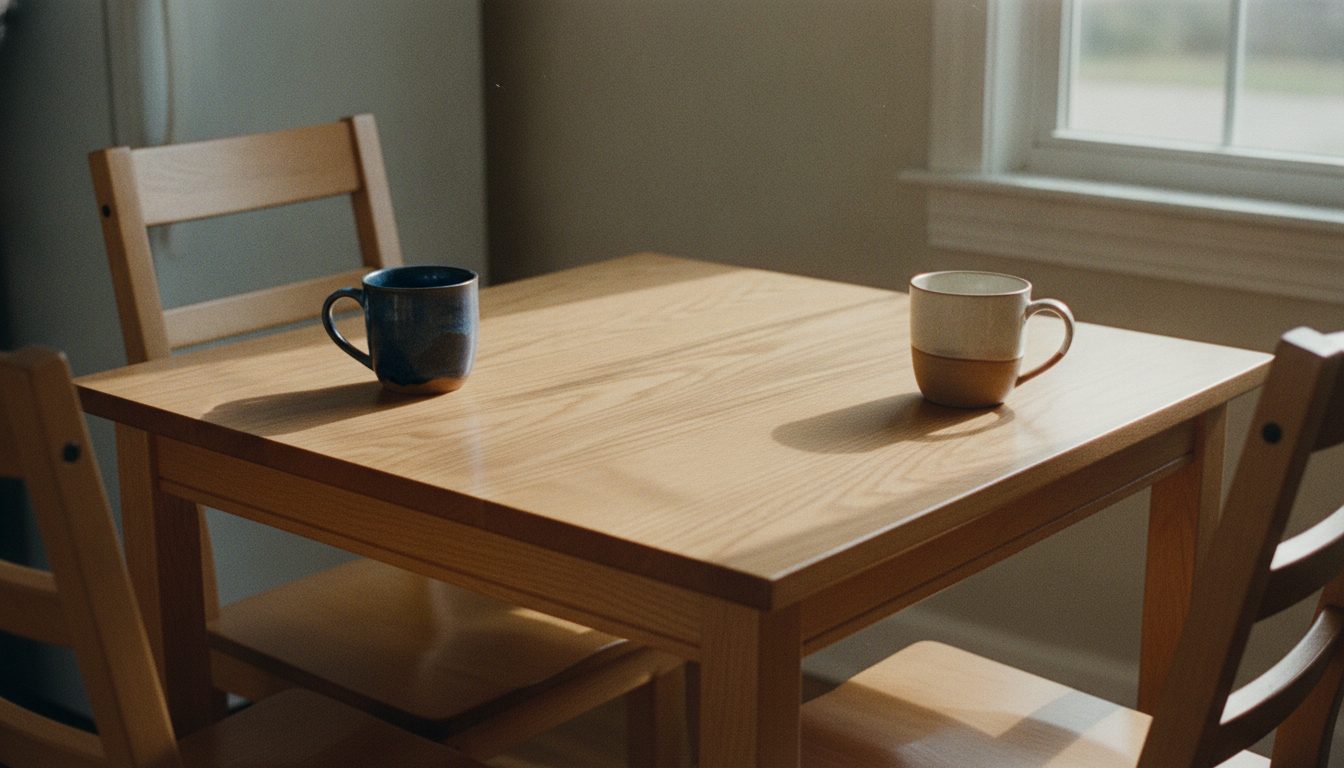 Two cups of coffee set opposite each other on a kitchen table