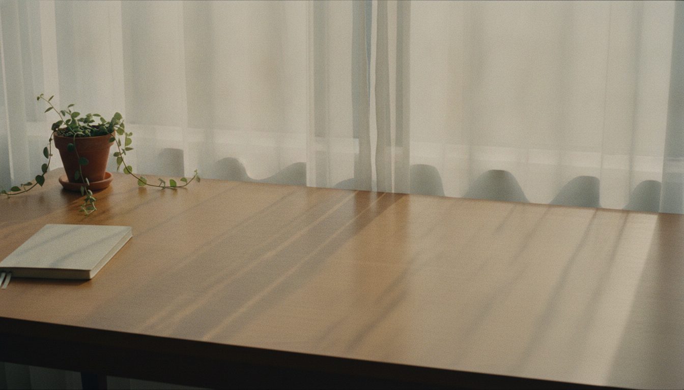 A closed notebook on a bare desk in morning window light