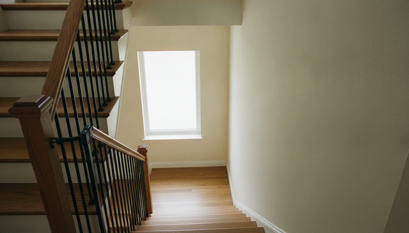A stair handrail and a latched safety gate