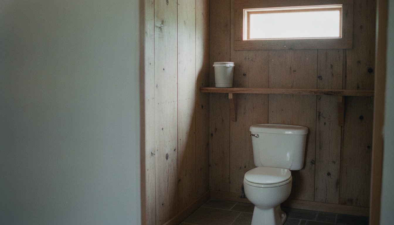 A simple cabin bathroom with plank walls