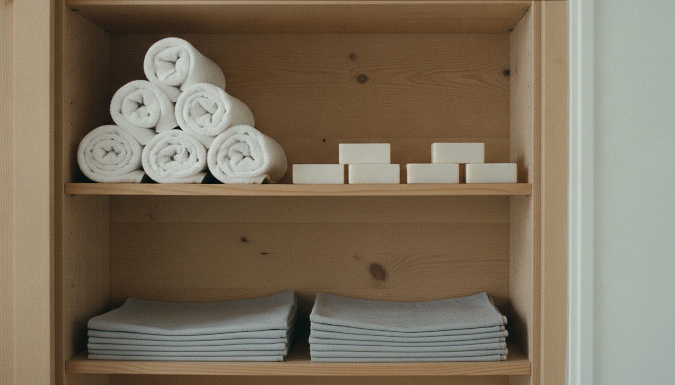 Guest consumables arranged on an owner closet shelf
