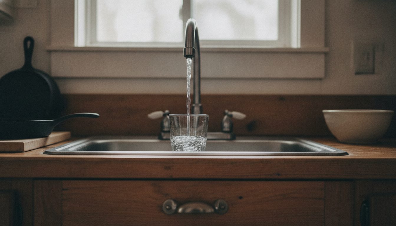 Water running from a tap into a glass in a cabin kitchen